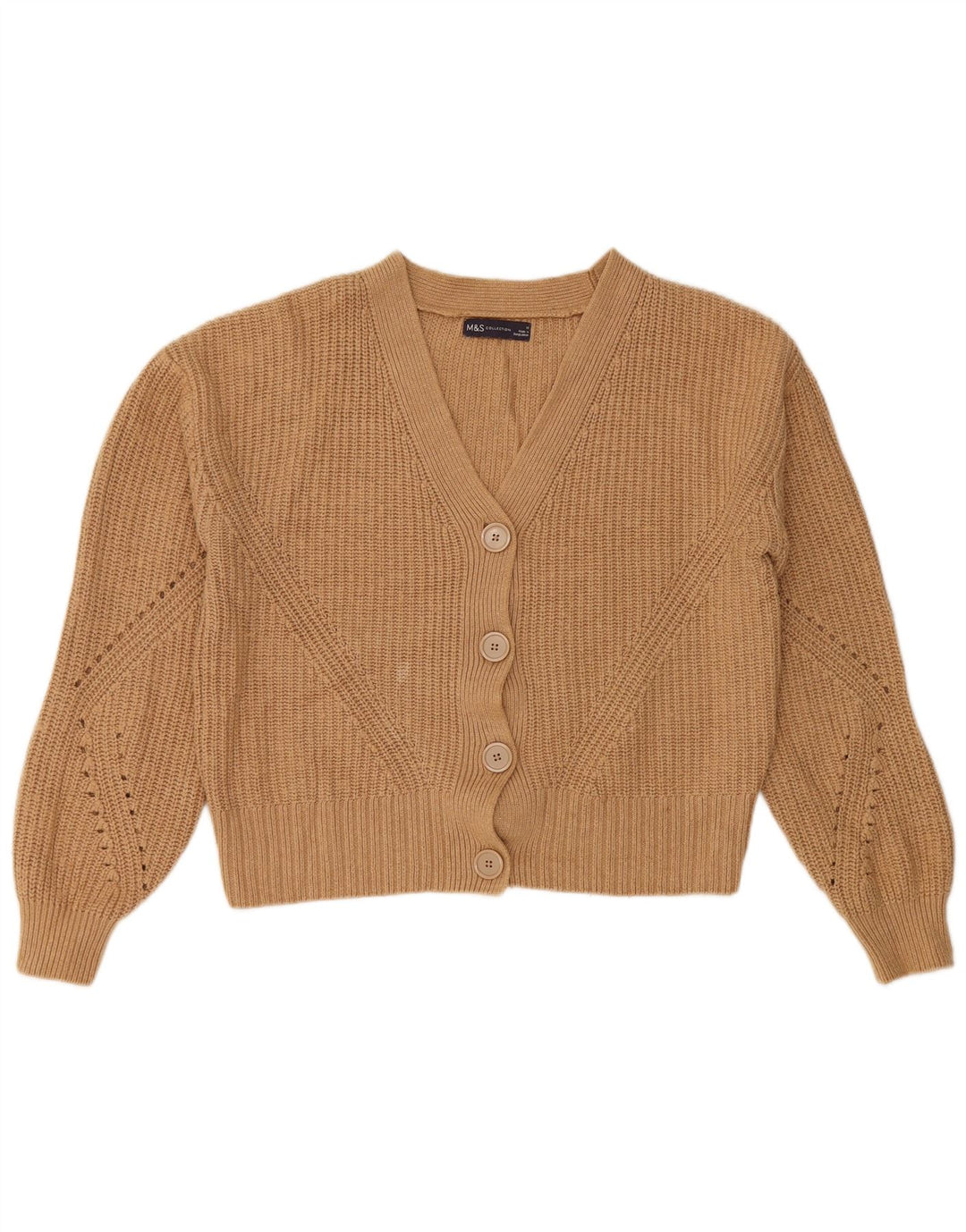 Marks & Spencer Womens Crop Cardigan Sweater UK 14 Medium Brown Cotton