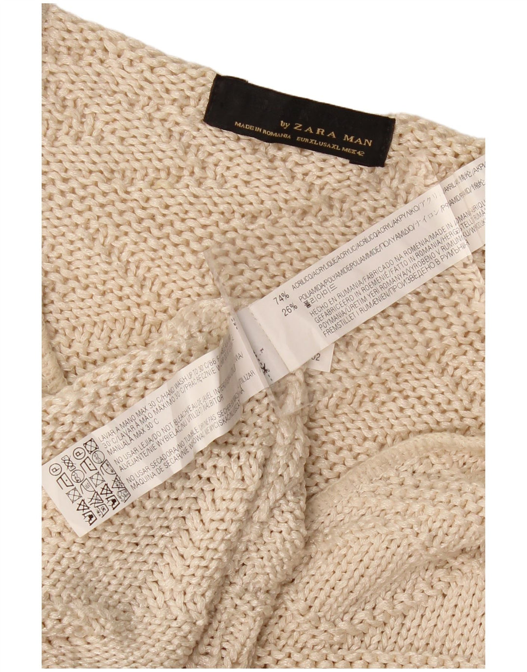Zara Mens V-Neck Jumper Sweater XL Beige Acrylic
