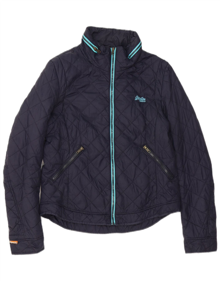Superdry Womens Hooded Quilted Jacket UK 14 Large Navy Blue Nylon