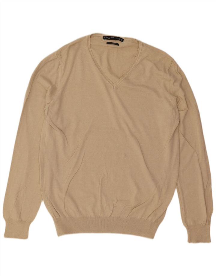 Maglione Zara da uomo con scollo a V grande in cotone beige