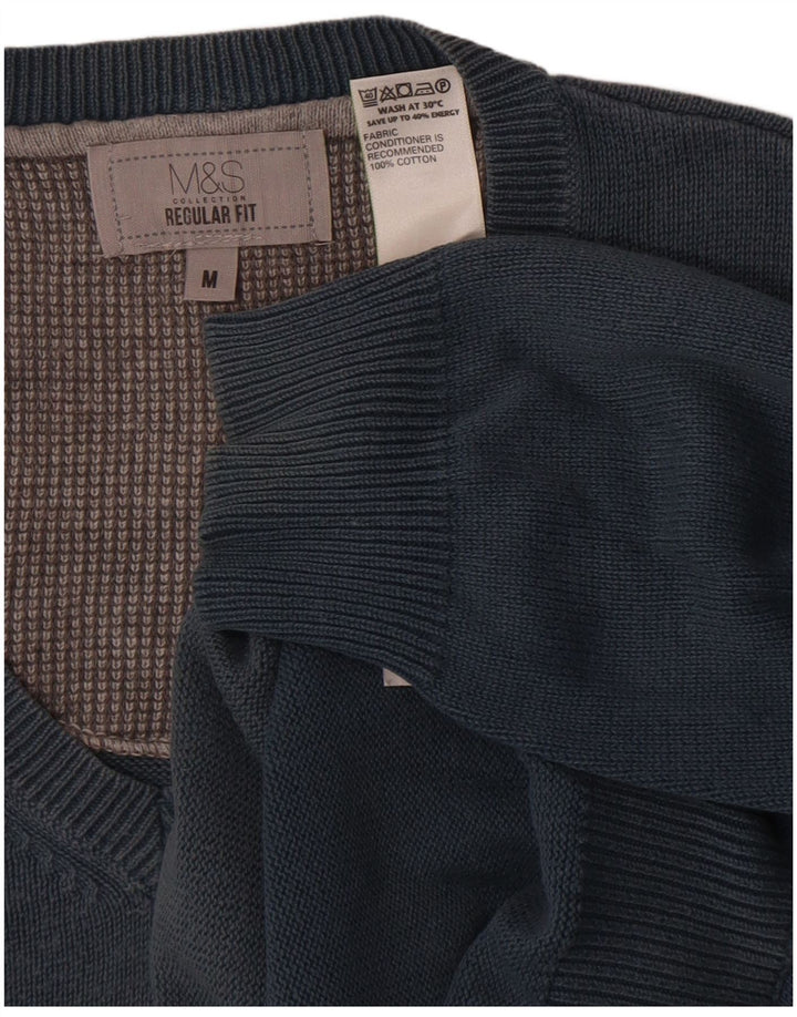 Marks & Spencer Mens Regular Fit V-Neck Jumper Sweater Medium Blue Cotton