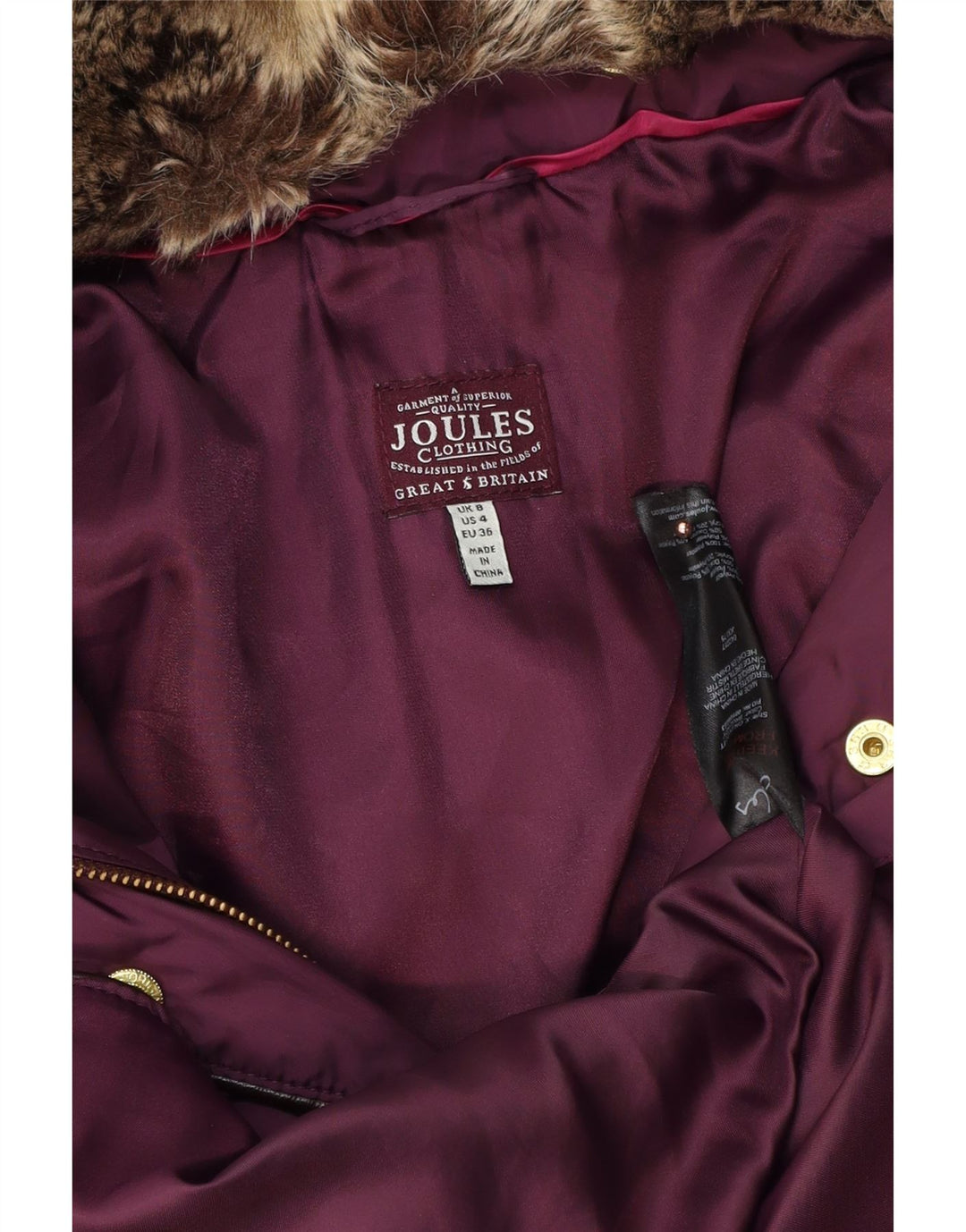 JOULES Womens Oversized Hooded Padded Coat UK 8 Small Purple Polyester