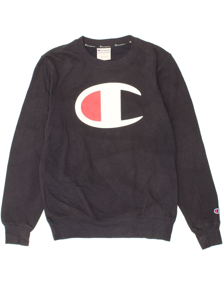 CHAMPION Mens Graphic Sweatshirt Jumper Small Navy Blue Cotton Vintage Champion and Second-Hand Champion from Messina Hembry 