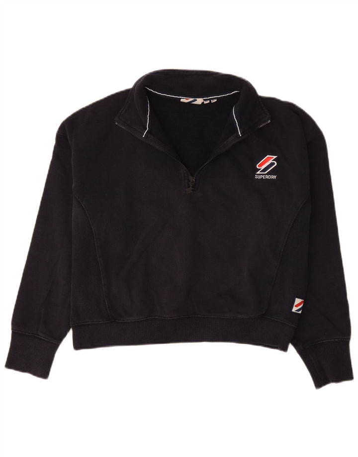 Superdry Womens Crop Zip Neck Sweatshirt Jumper UK 12 Medium Navy Blue