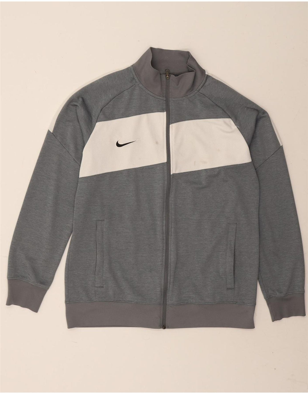 Męska kurtka dresowa Nike Dri Fit, duży szary poliester z blokami kolorów