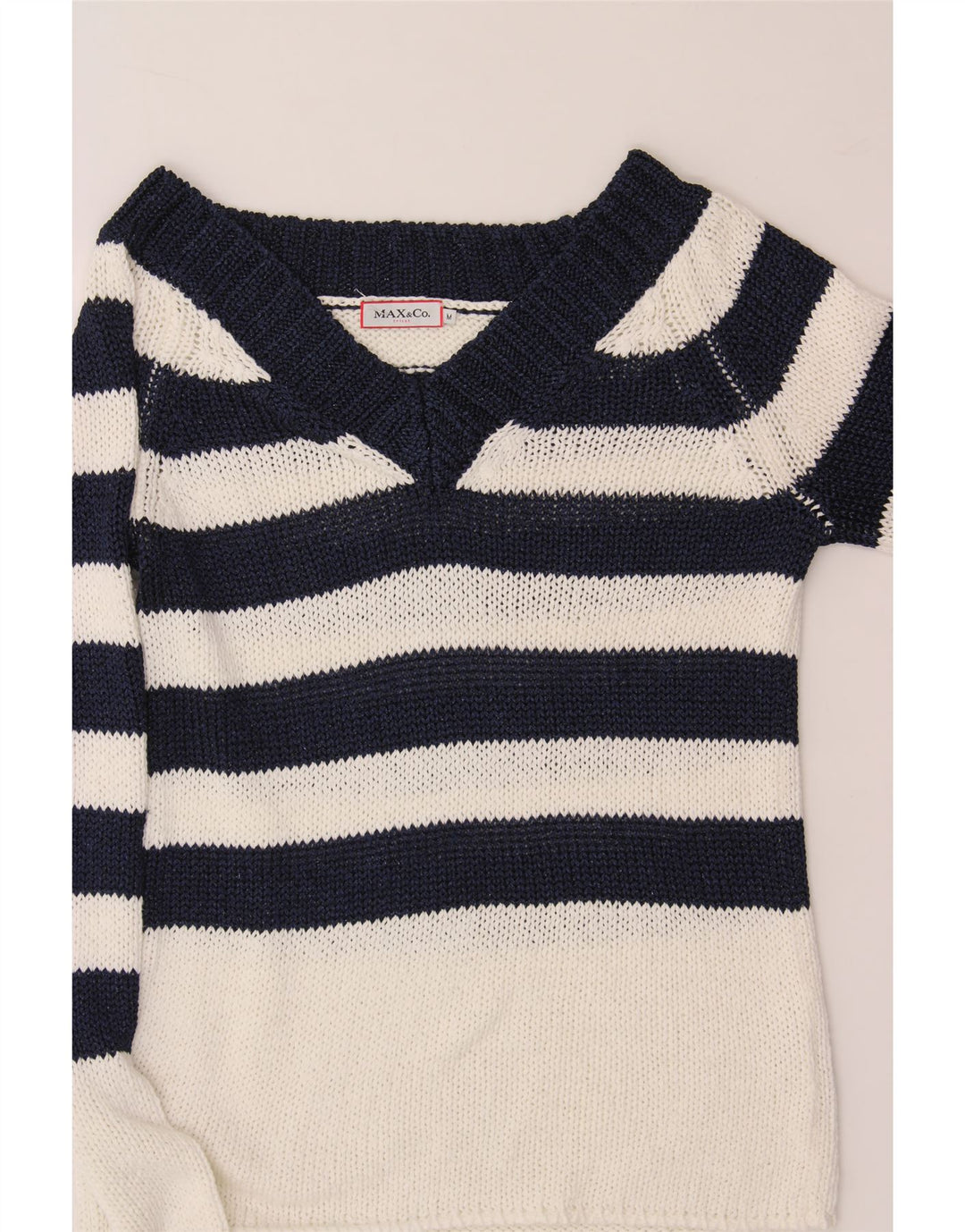 MAX & CO. Womens V-Neck Jumper Sweater UK 14 Medium Navy Blue Striped Vintage Max & Co. and Second-Hand Max & Co. from Messina Hembry 