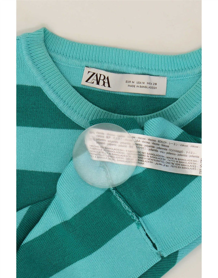 Zara Womens Crop Vest Top UK 12 Medium Green Striped Viscose