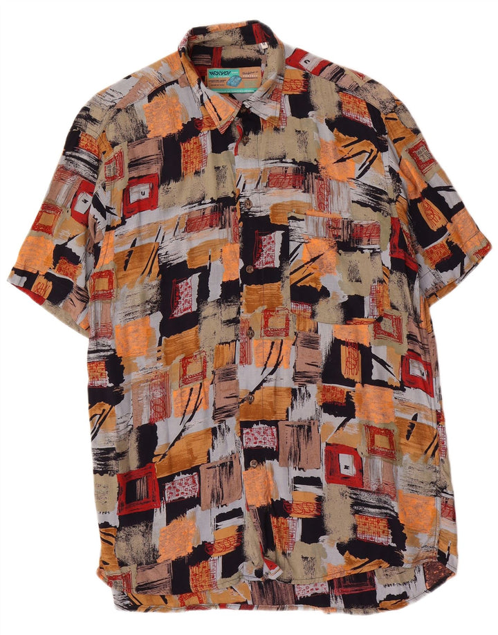 Vintage Mens Short Sleeve Shirt Medium Multicoloured Patchwork Viscose