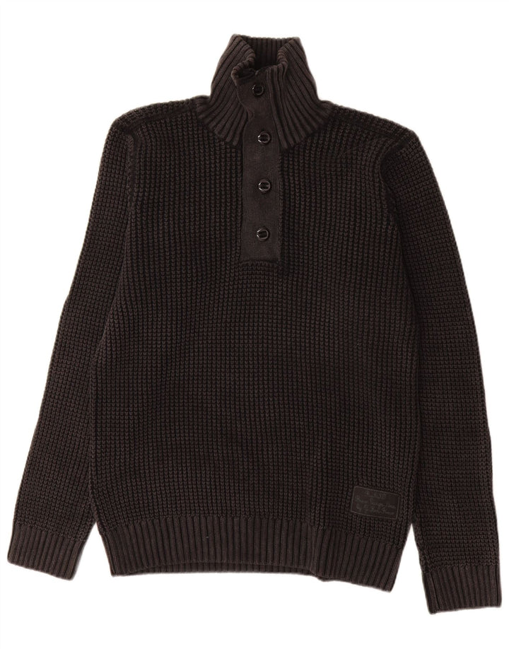 G-Star Mens Button Neck Jumper Sweater Large Black Cotton