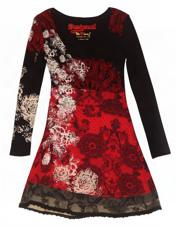 Desigual damska graficzna sukienka o linii A z długim rękawem UK 18 XL, czarna w kwiaty
