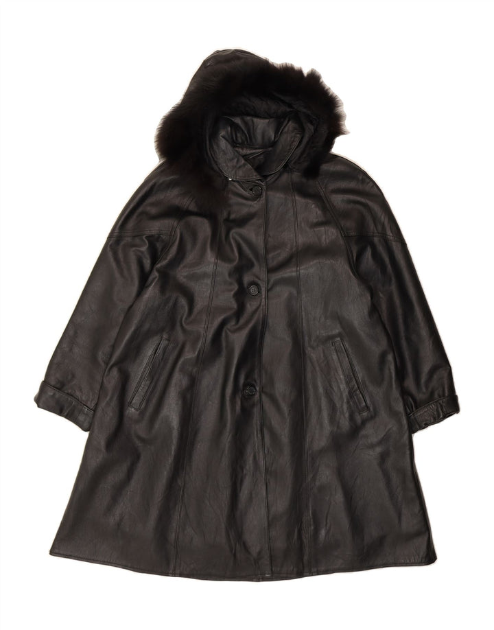 VINTAGE Womens Hooded Leather Coat UK 12 Medium Black Leather Vintage Vintage and Second-Hand Vintage from Messina Hembry 