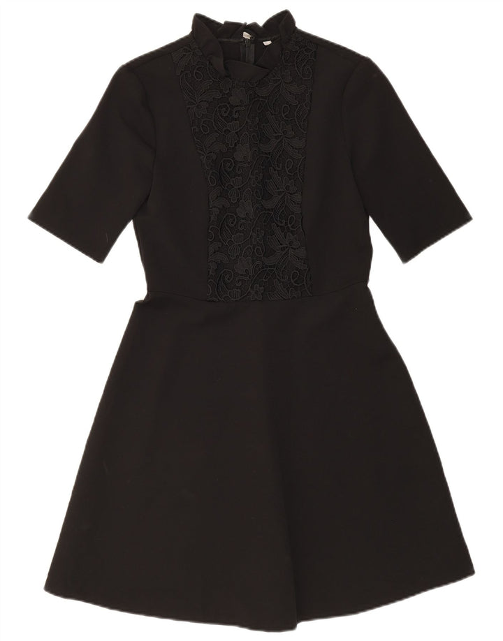 ZARA Dame A-Line Kjole UK 10 Small Black Floral Polyester