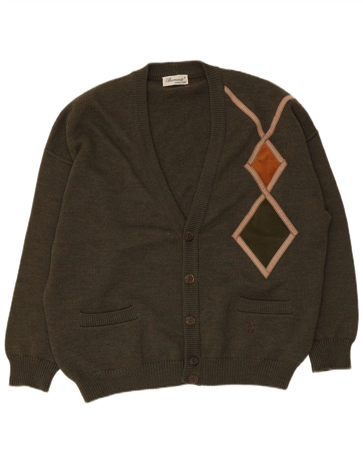Bramante Mens Cardigan Sweater Large Khaki Argyle/Diamond Virgin Wool