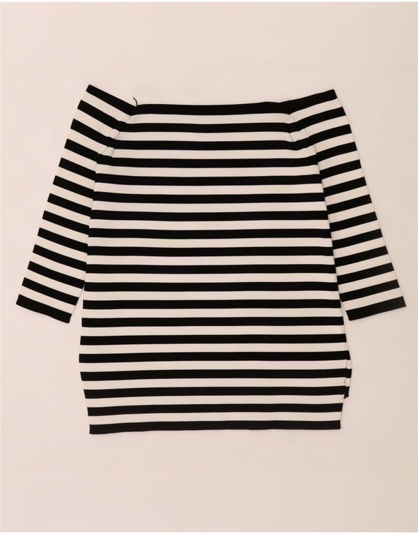 Zara Femme Haut à Manches 3/4 Épaules Dénudées UK 10 Petite Viscose Rayée Noire