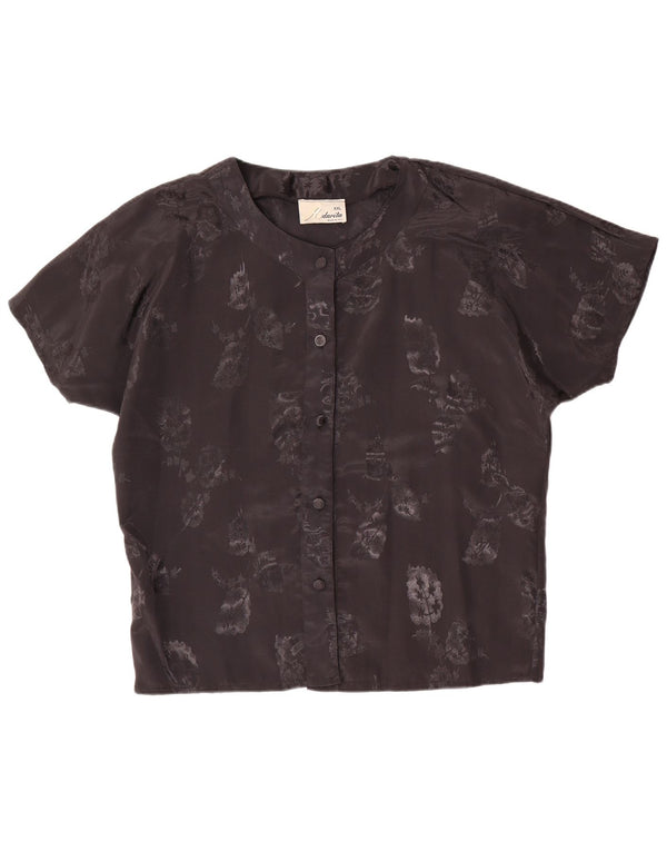 Vintage mujer camisa de manga corta blusa Reino Unido 20 2XL poliéster floral negro