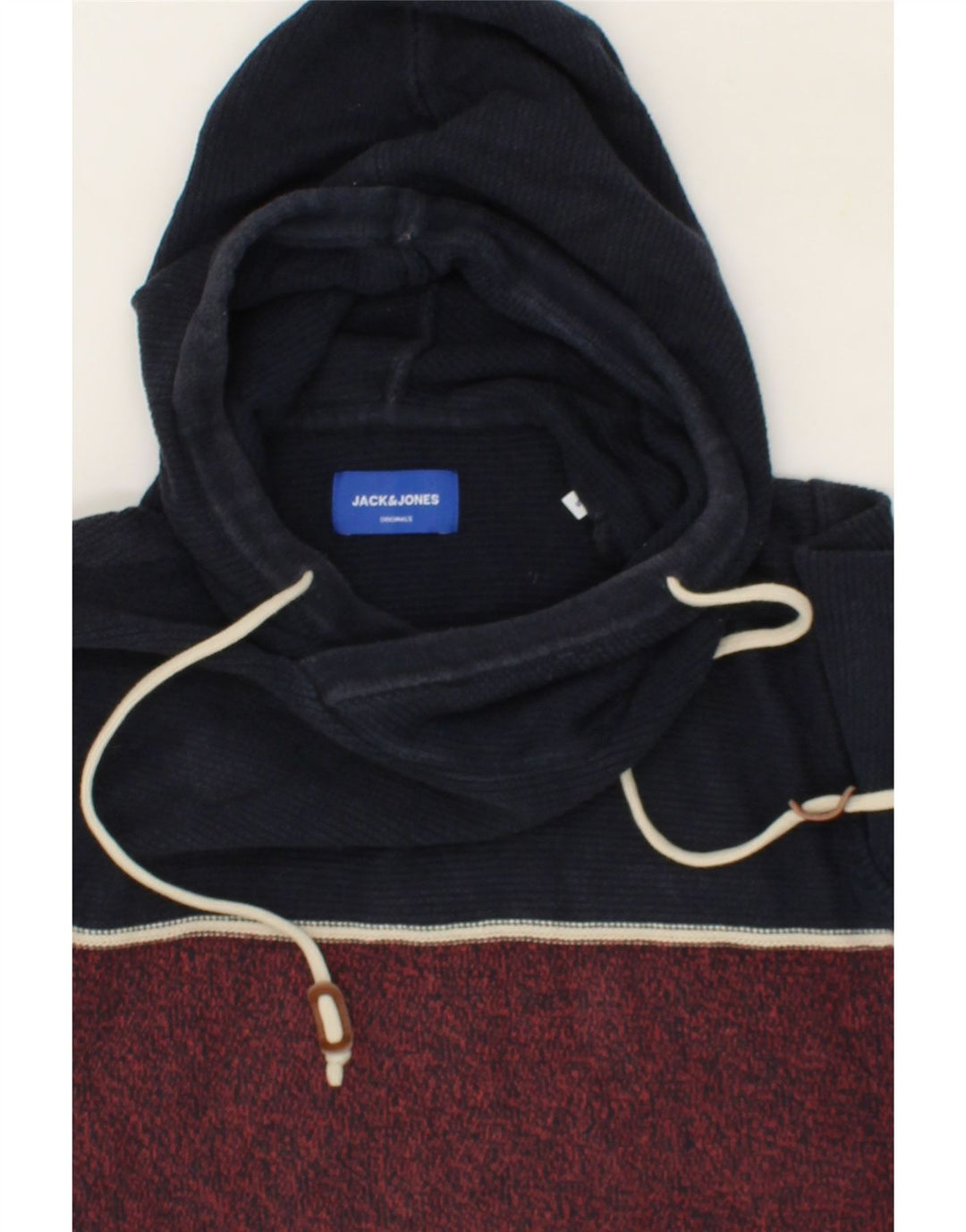 JACK & JONES Mens Hooded Jumper Sweater Small Burgundy Colourblock Cotton Vintage Jack & Jones and Second-Hand Jack & Jones from Messina Hembry 