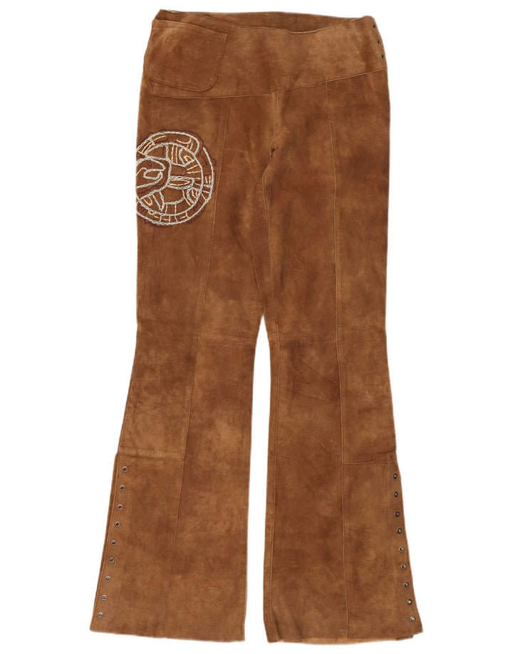Pantaloni vintage in pelle scamosciata bootcut da donna medi W30 L33 in pelle marrone