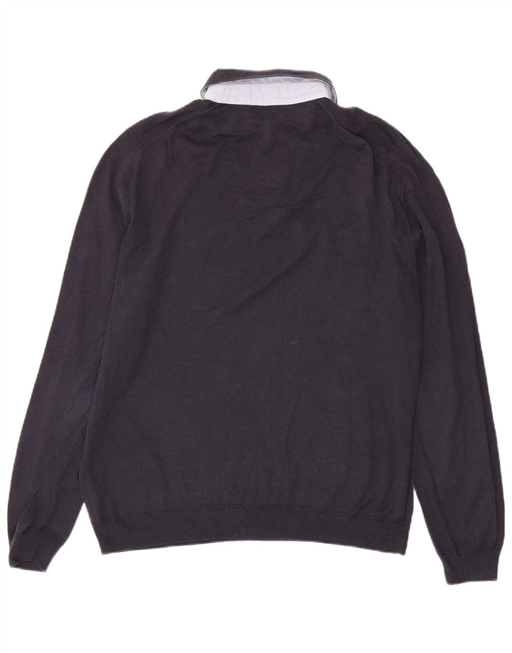 Massimo Dutti Mens Polo Neck Jumper Sweater Large Navy Blue Linen