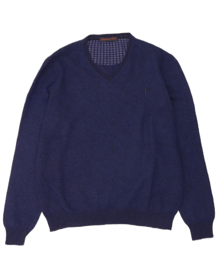 TRUSSARDI Herre V-hals sweater 2XL marineblå uld