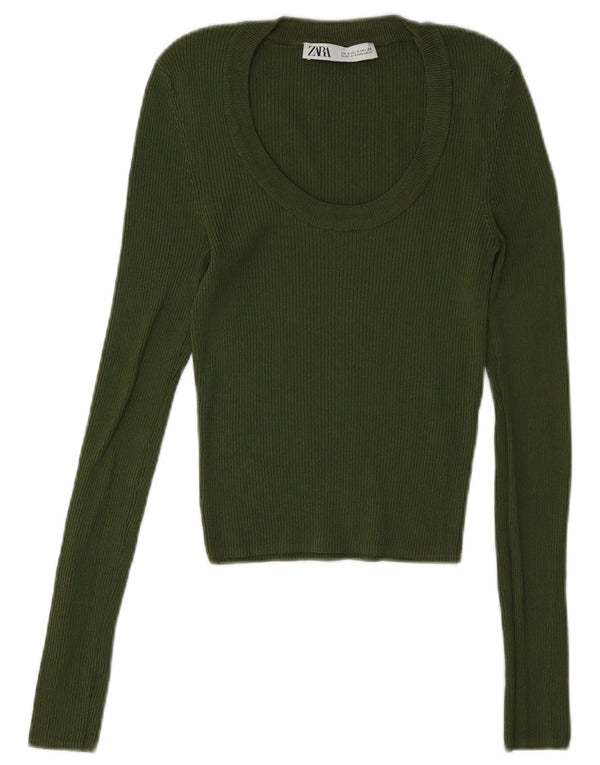 Top Zara da donna slim fit a maniche lunghe UK 8 Small verde viscosa