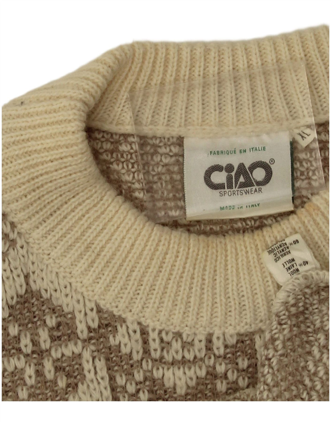 Ciao Mens Crew Neck Jumper Sweater XL Beige Geometric Wool