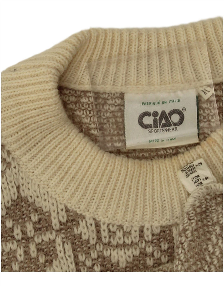 Ciao Mens Crew Neck Jumper Sweater XL Beige Geometric Wool