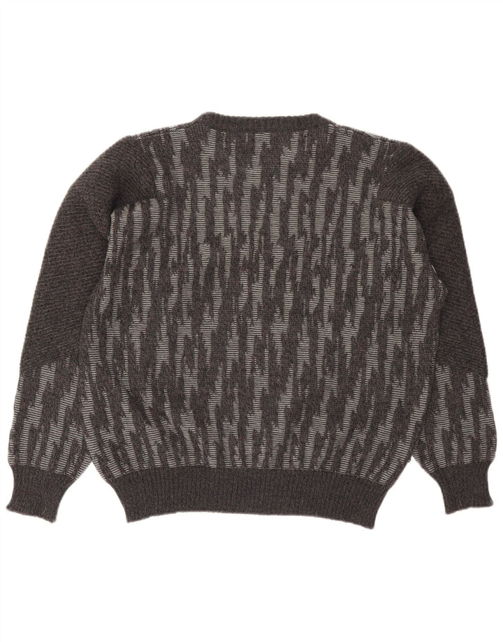 Vintage Mens Crew Neck Jumper Sweater Large Grey Striped Wool