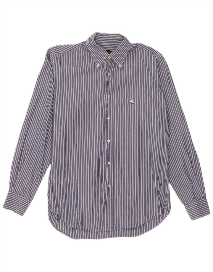 Etro Mens Shirt Size 41 Large Navy Blue Pinstripe Cotton