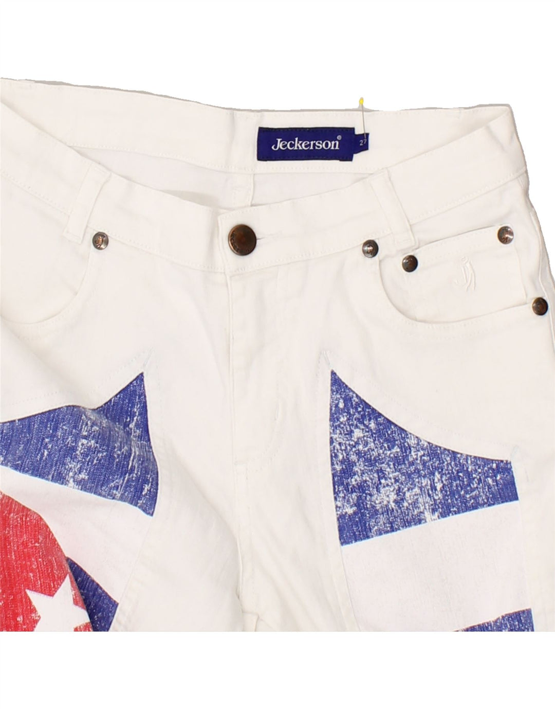 JECKERSON Womens Graphic Cropped Trousers W27 L25 White Colourblock Cotton | Vintage Jeckerson | Thrift | Second-Hand Jeckerson | Used Clothing | Messina Hembry 