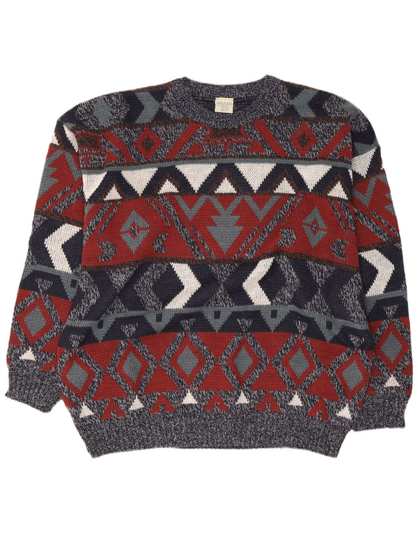 Vintage herre rund hals sweater UK 46/48 2XL marineblå geometrisk