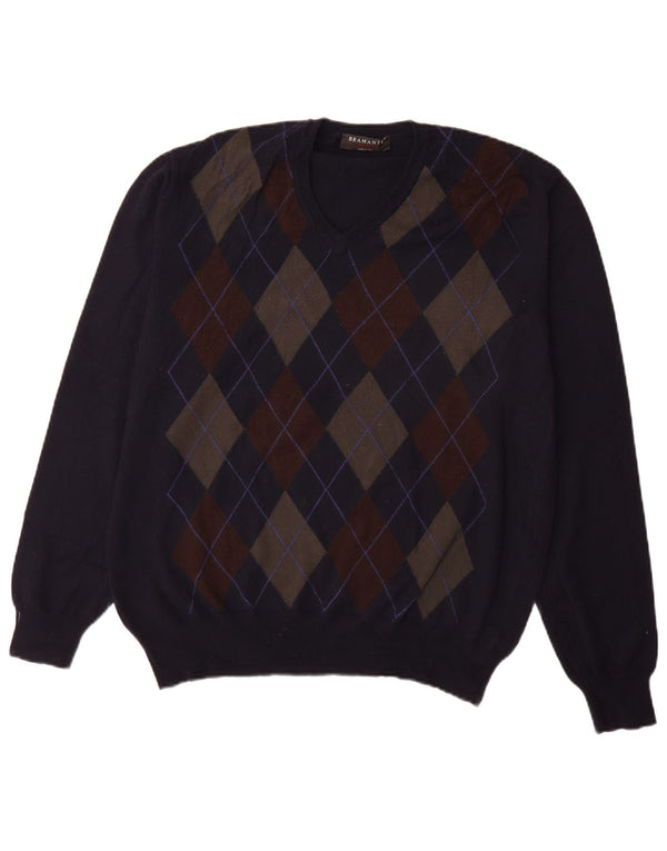 Bramante Mens V-Neck Jumper Sweater IT 54 XL Navy Blue Argyle/Diamond