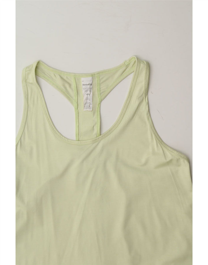 REEBOK Womens Graphic Vest Top UK 14 Medium Yellow Polyester Vintage Reebok and Second-Hand Reebok from Messina Hembry 