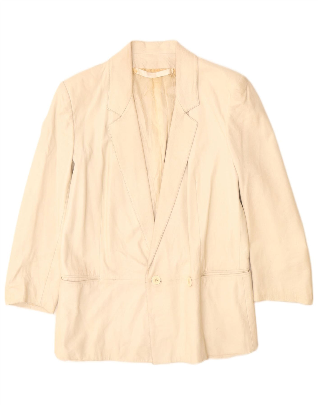 Giacca blazer in pelle doppio petto vintage da donna UK 12 beige medio