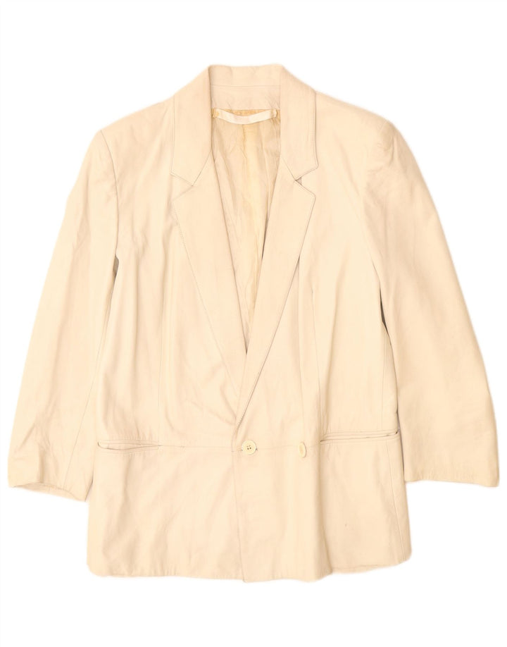 Giacca blazer in pelle doppio petto vintage da donna UK 12 beige medio