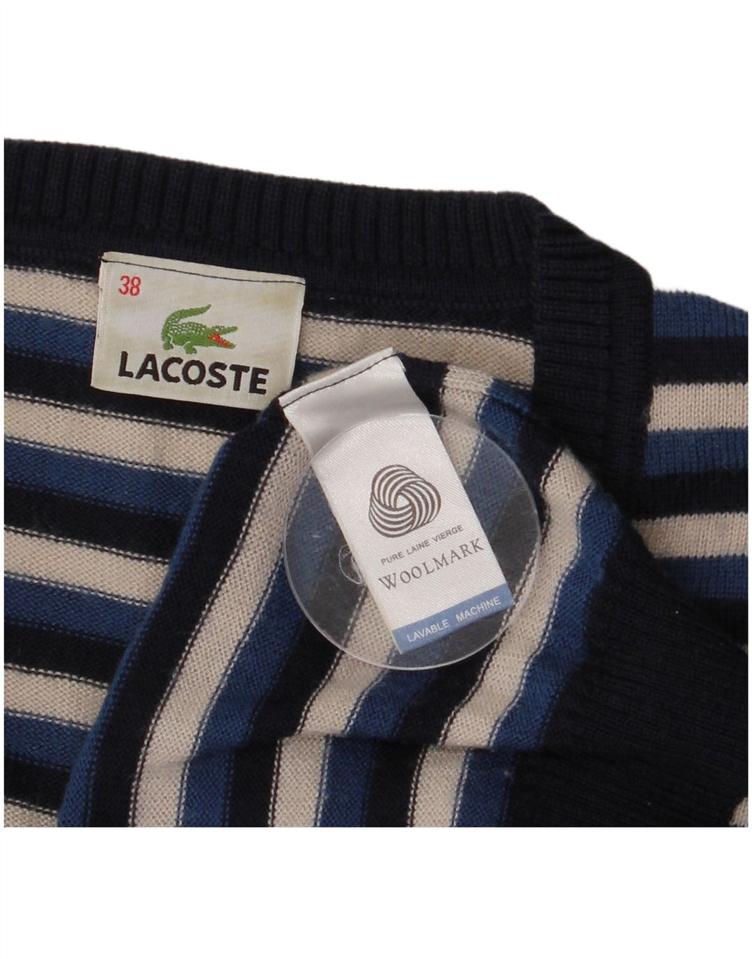 Lacoste Womens V-Neck Jumper Sweater Size 38 Medium Navy Blue Striped Wool