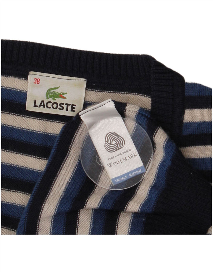 Lacoste Womens V-Neck Jumper Sweater Size 38 Medium Navy Blue Striped Wool
