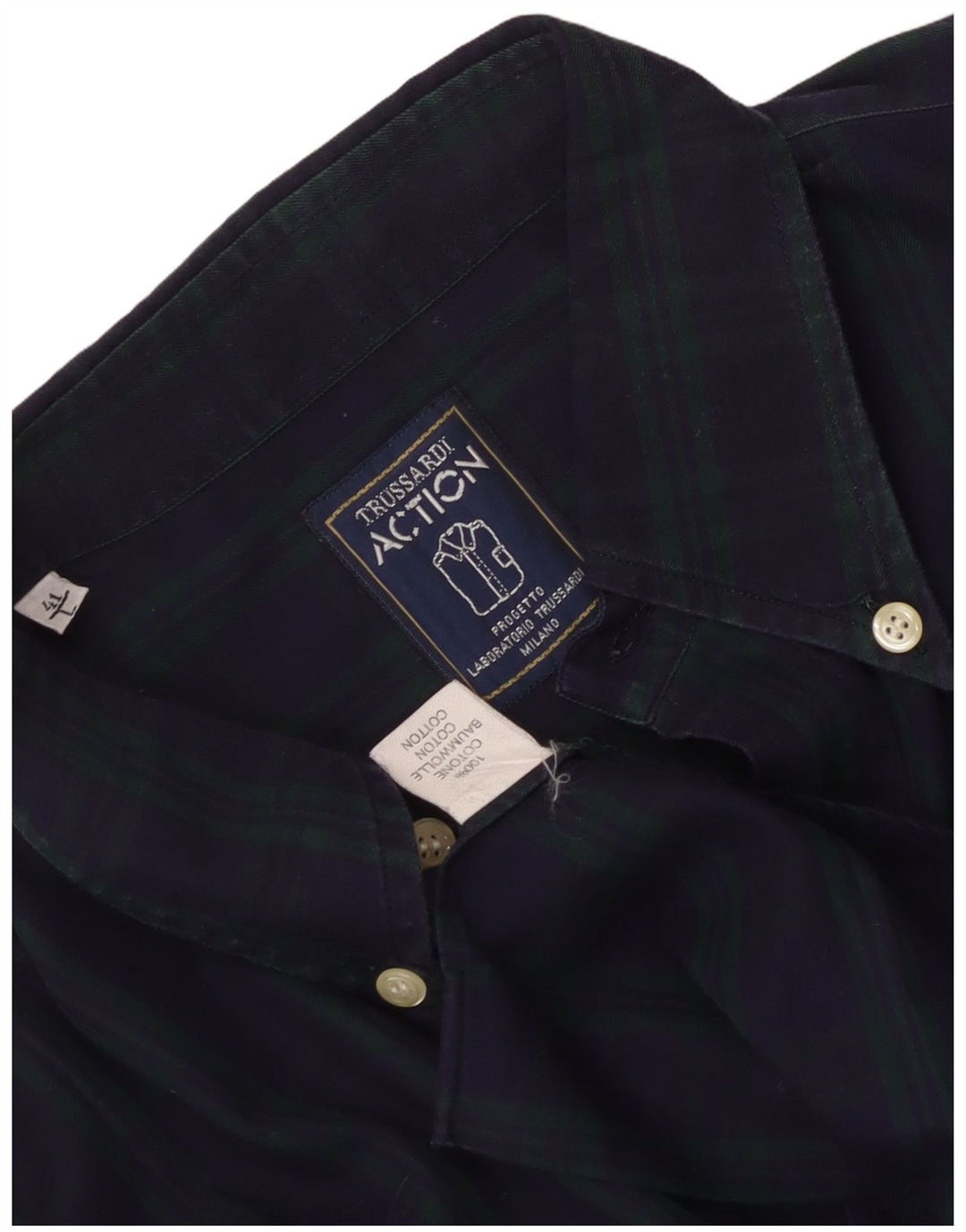 Trussardi Mens Flannel Shirt Size 41 Large Navy Blue Check Cotton