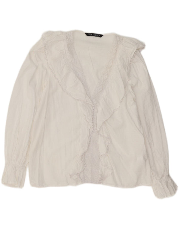 Zara Womens Ruffle Front Long Sleeve Blouse Top UK 10 Small White Cotton