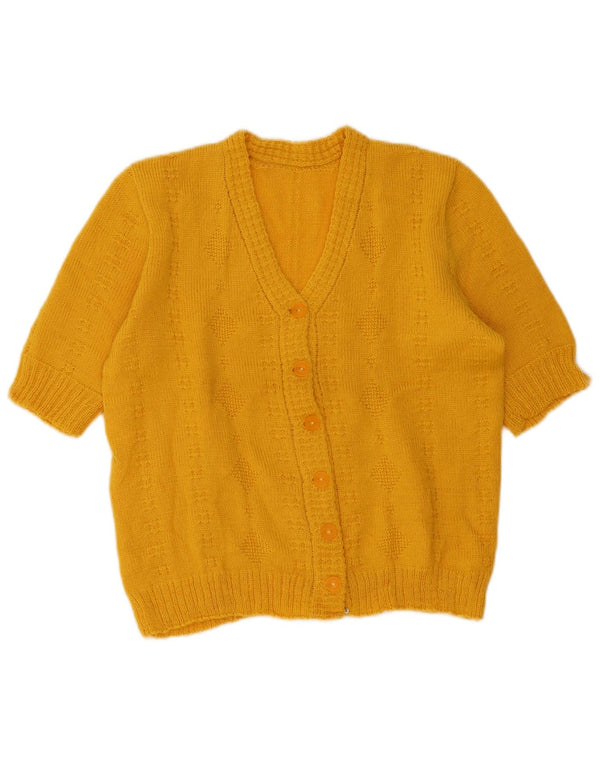 vintage Femme Manches Courtes Cardigan Pull UK 14 Grand Jaune