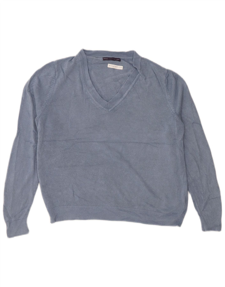 MARKS & SPENCER Womens Crop V-Neck Jumper Sweater UK 14 Medium Blue
