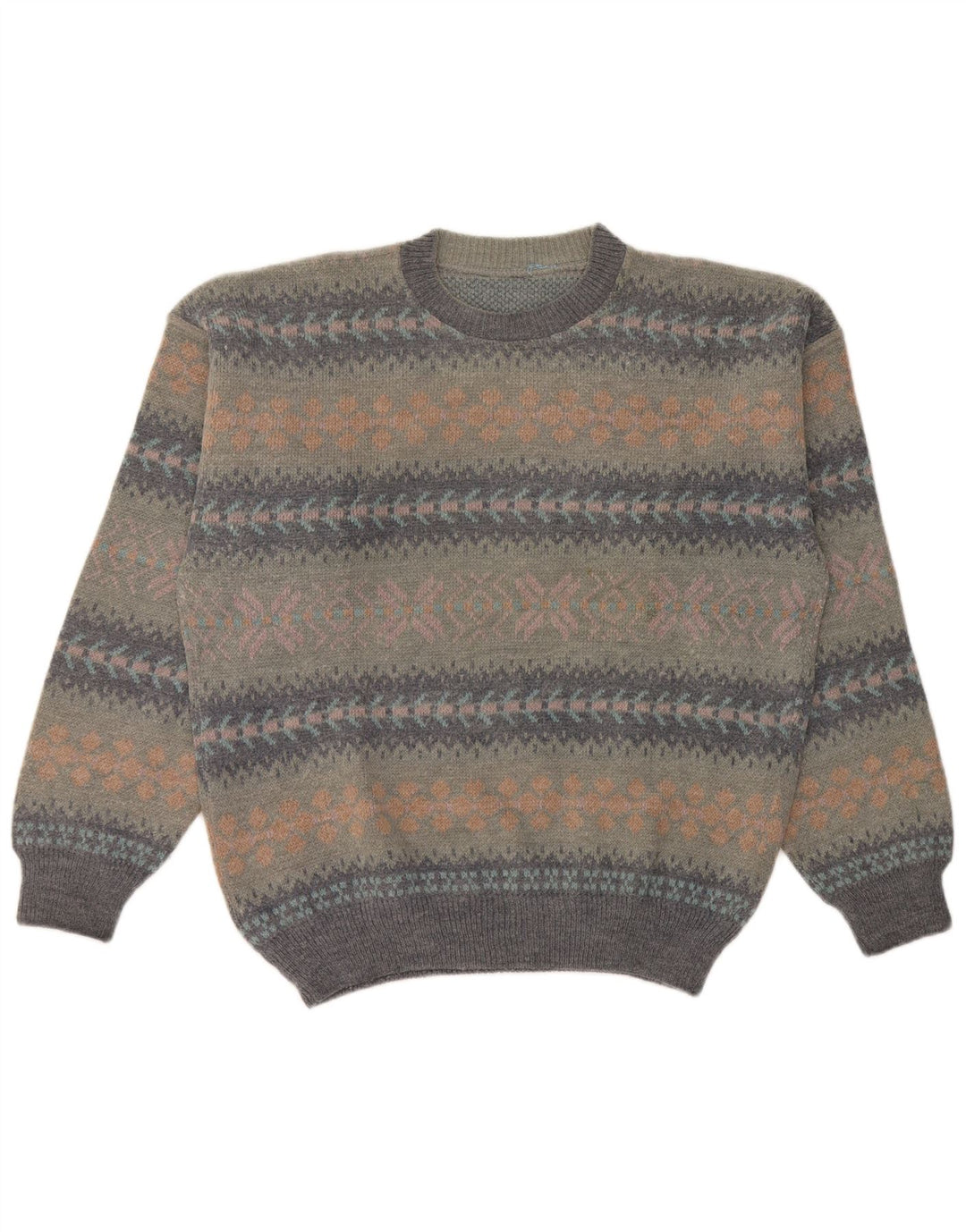 Vintage Mens Crew Neck Jumper Sweater Large Grey Fair Isle Wool