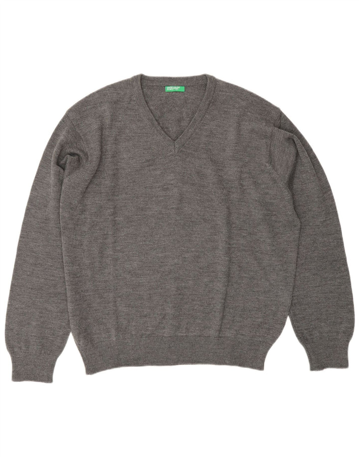 BENETTON Mens V-Neck Jumper Sweater Large Grey