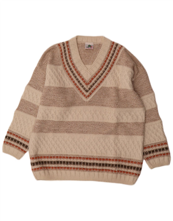 Maglione vintage da uomo con scollo a V in lana a righe beige medio