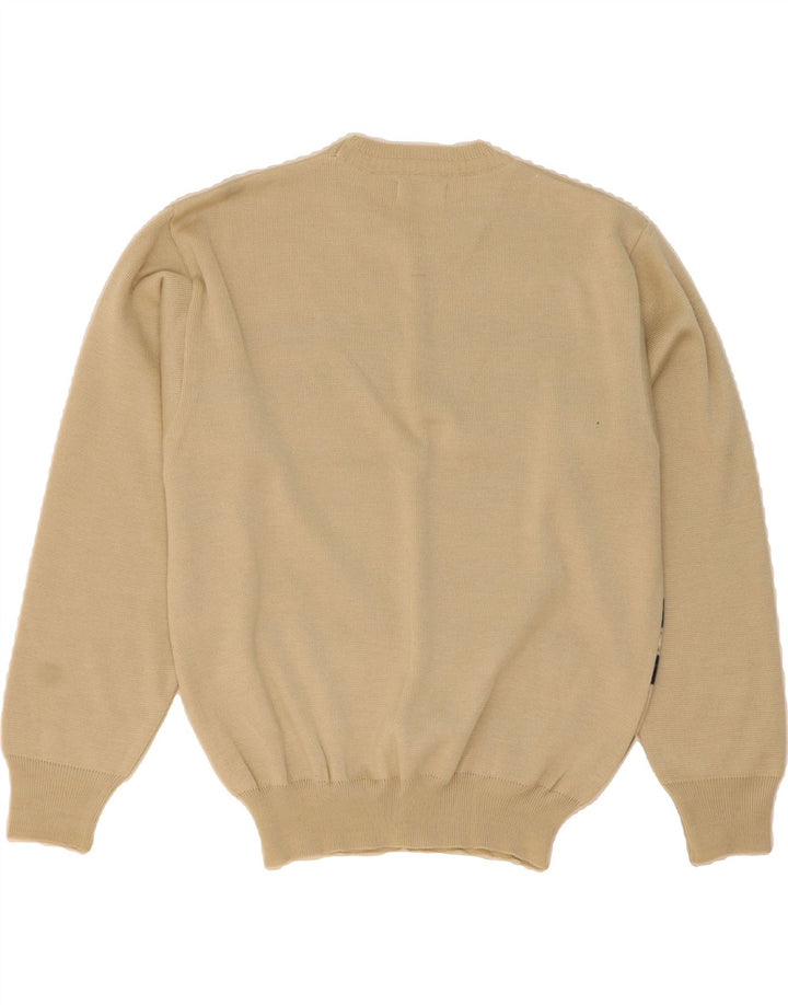 VINTAGE Mens Crew Neck Jumper Sweater Medium Beige Striped Acrylic Vintage Vintage and Second-Hand Vintage from Messina Hembry 