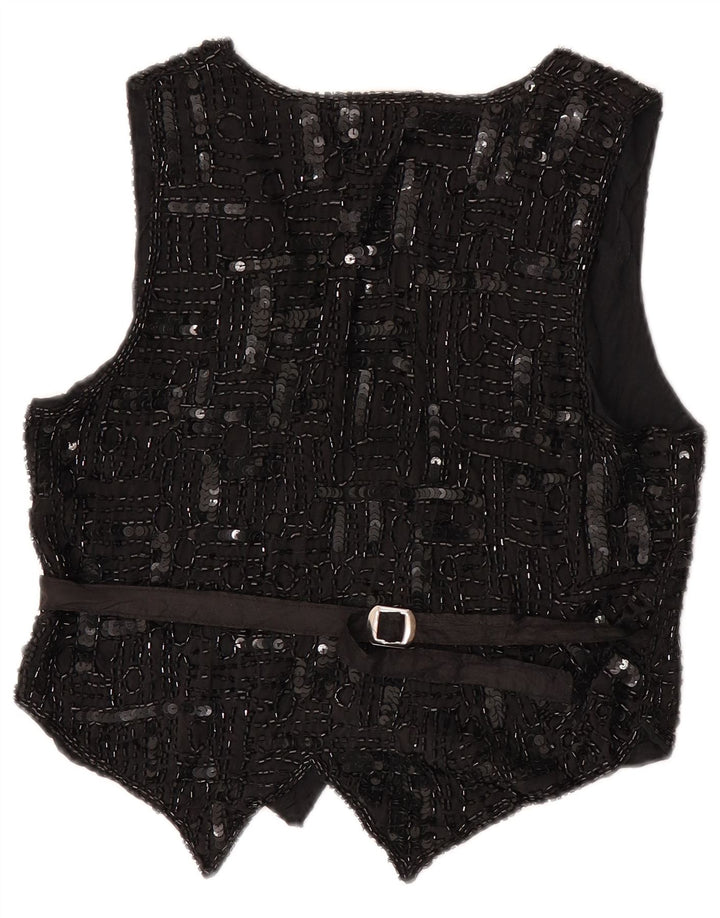 Vintage Womens Sequin Waistcoat UK 12 Medium Black Silk