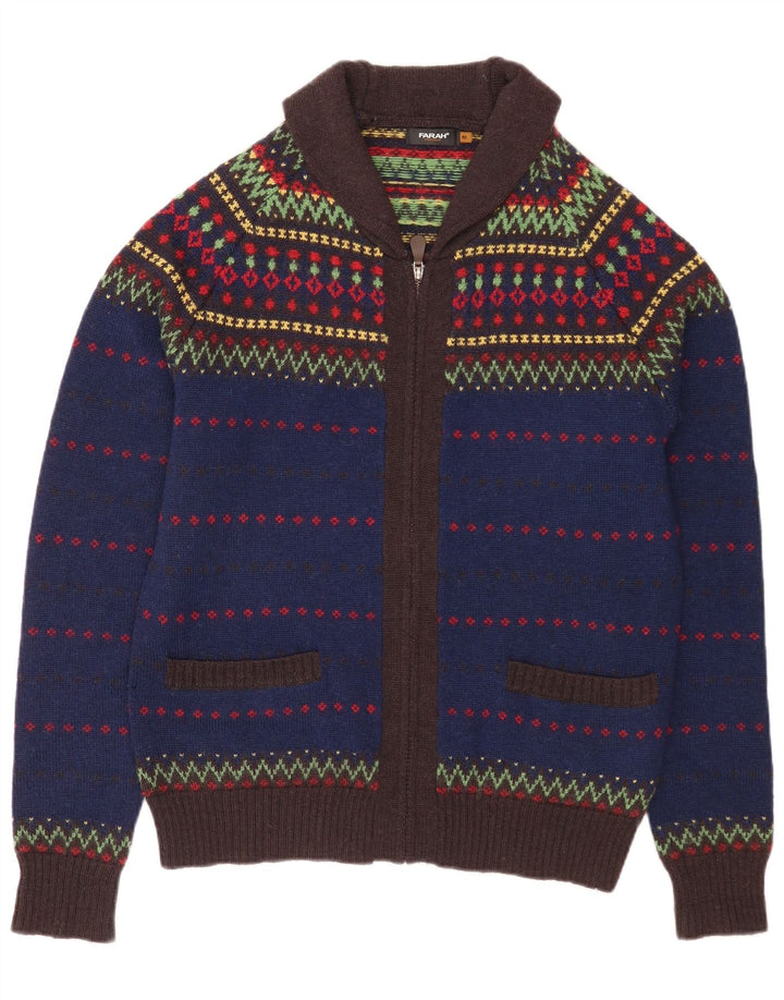 Farah Herre cardigan sweater med fuld lynlås Medium Blue Fair Isle Wool