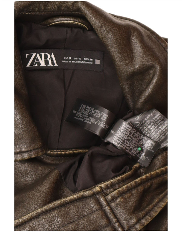 Zara Veste de motard surdimensionnée en cuir pour femme UK 10 Petit Marron Polyester
