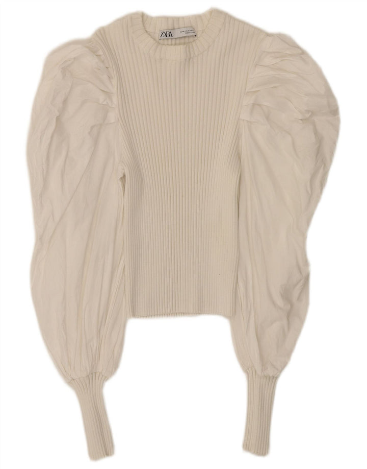 Zara Womens Crop Long Sleeve Blouse Top UK 12 Medium White Cotton
