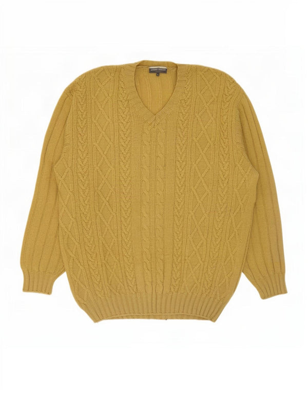 James Dillon Pull col V pour homme en laine vierge jaune Large