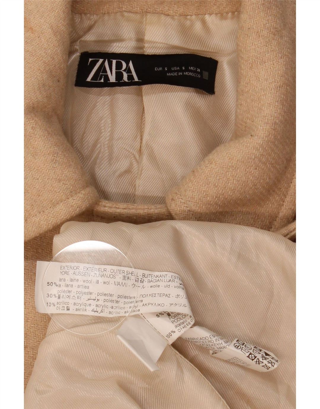 Zara Womens Double Breasted Coat UK 10 Small Beige Herringbone Wool
